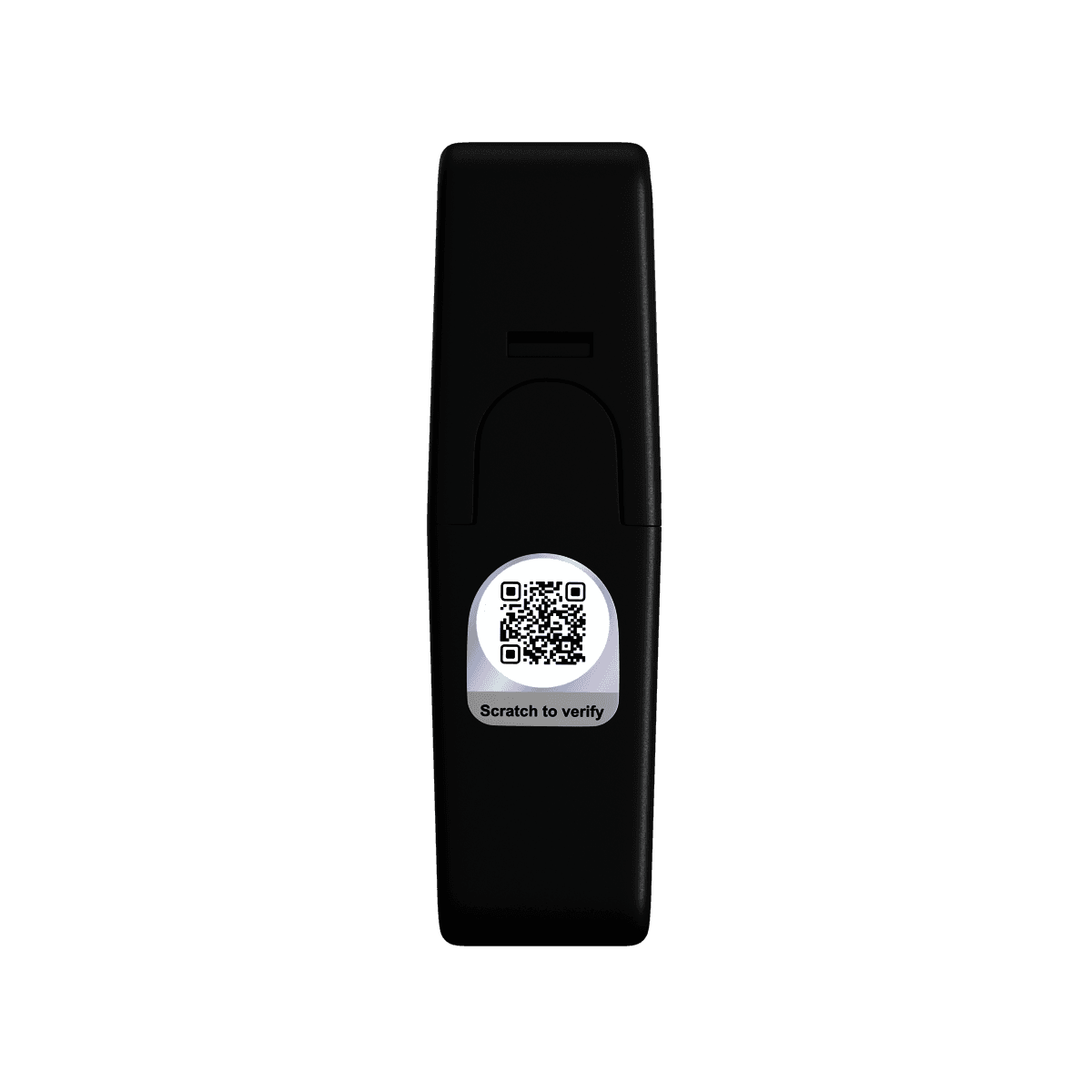 Side of the Mello Dose device showing the scratch-to-verify QR panel