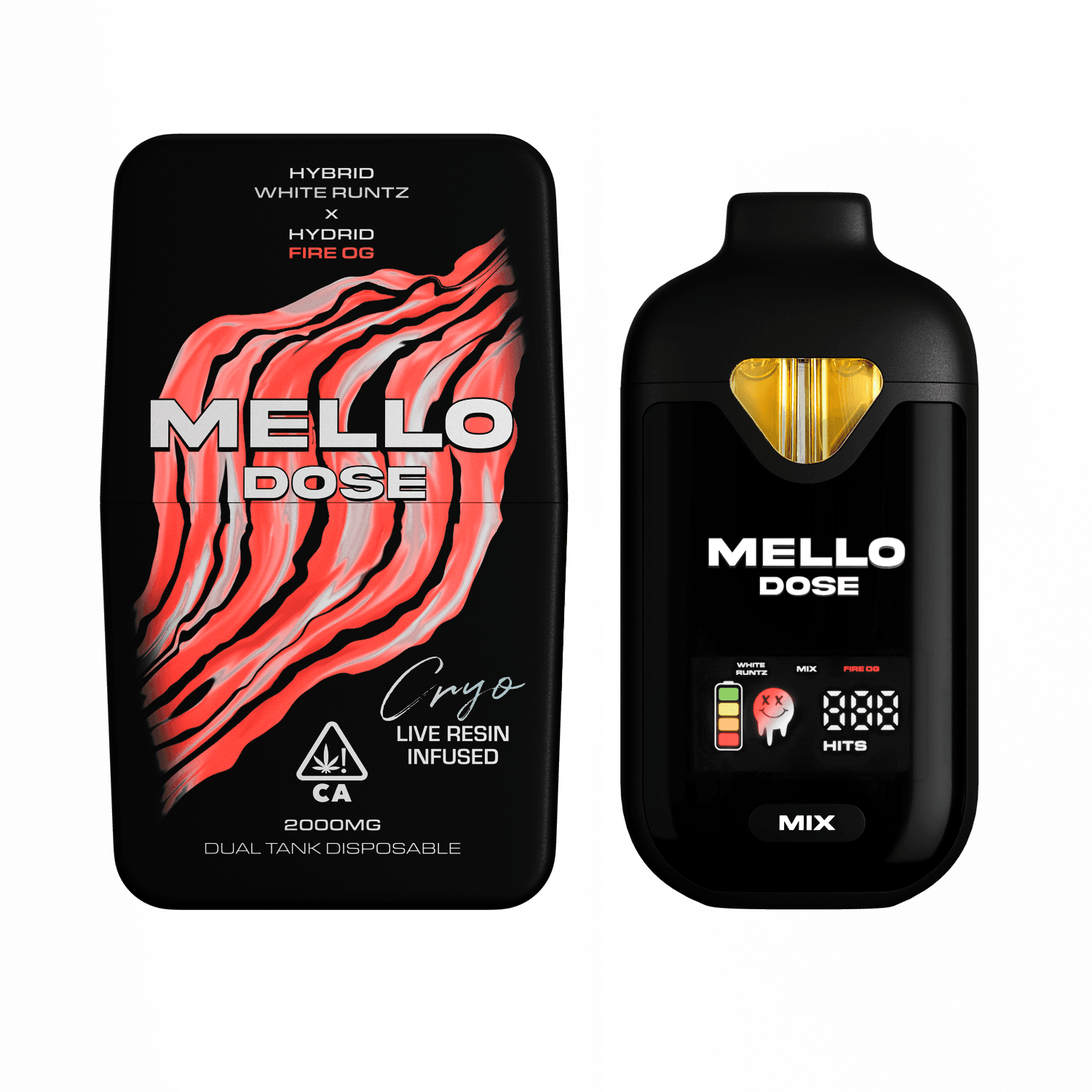 Mello Dose 2G dual-flavor live resin device with packaging
